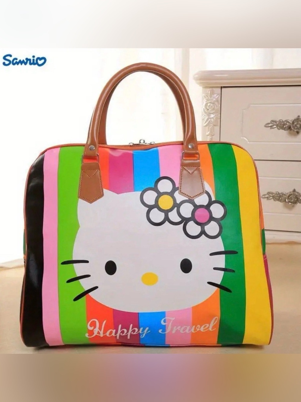 New hello kitty rainbow tote bag bowling ball style purse bag luggage brown trim